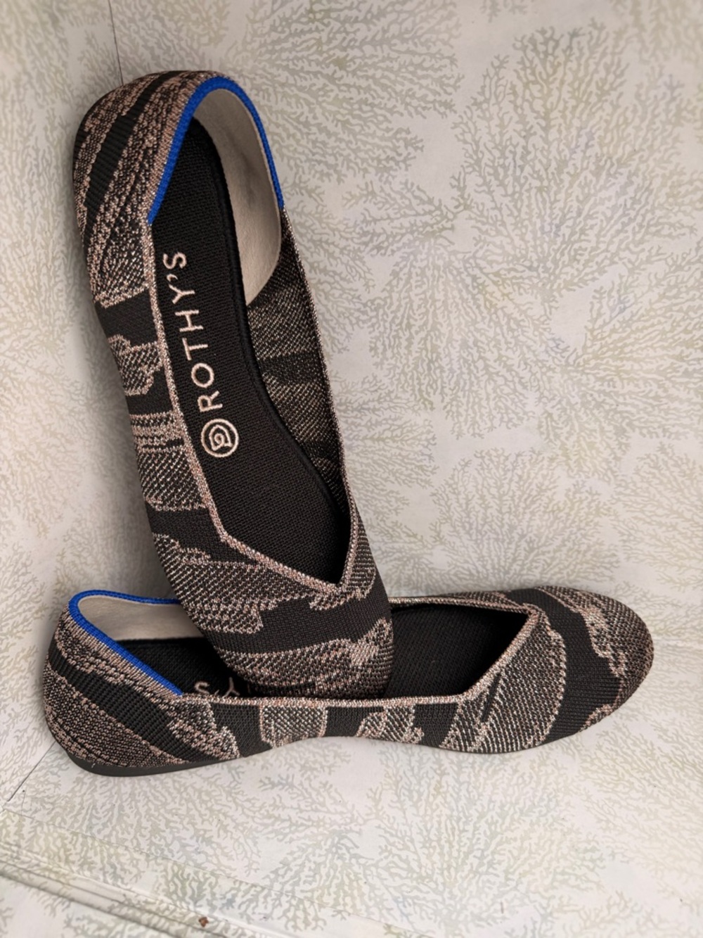 Rothy's Black and Beige Knit Ballet Flats with Blue Trim Accents